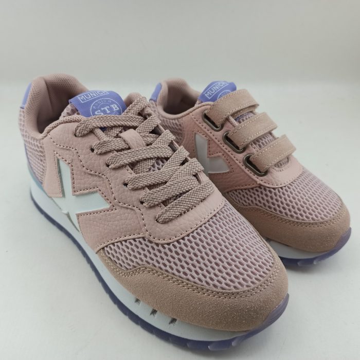 Semi-deportivo de piel y malla en rosa con cierre de velcro o cordón, Munich mod. 1695145 - Imagen 2