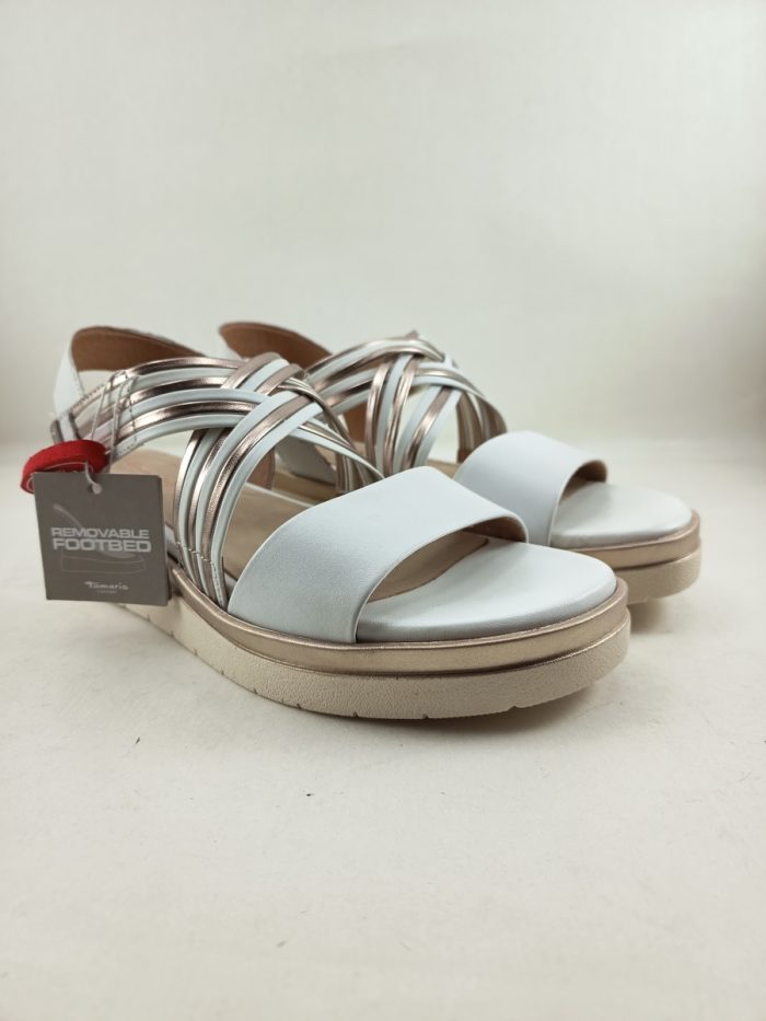 Sandalia de piel crema con cierre de velcro, Tamaris confort mod. 88707