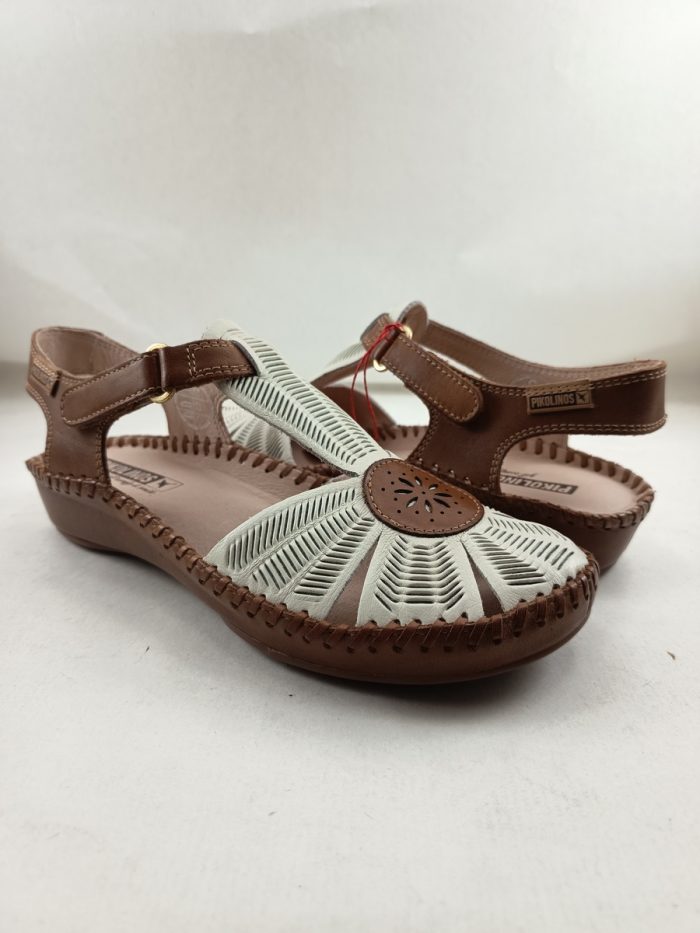 Sandalia de piel combinada en cuero y blanco, con cierre de velcro, Pikolinos mod. 0575 - Imagen 2