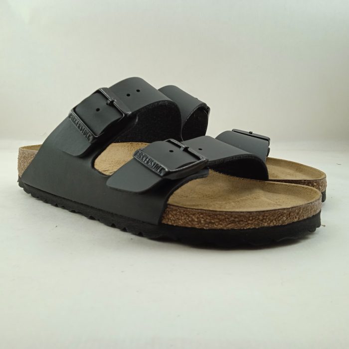 Chancla de piel negra con cierre de doble hebilla, Birkenstock mod. Arizona - Imagen 2