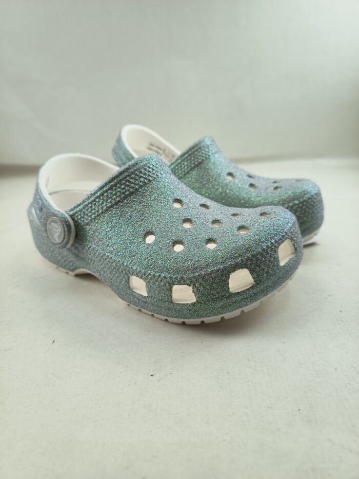 Croc classico verde de glitter sin cierres y tira trassera, Croc mod. 210985/86
