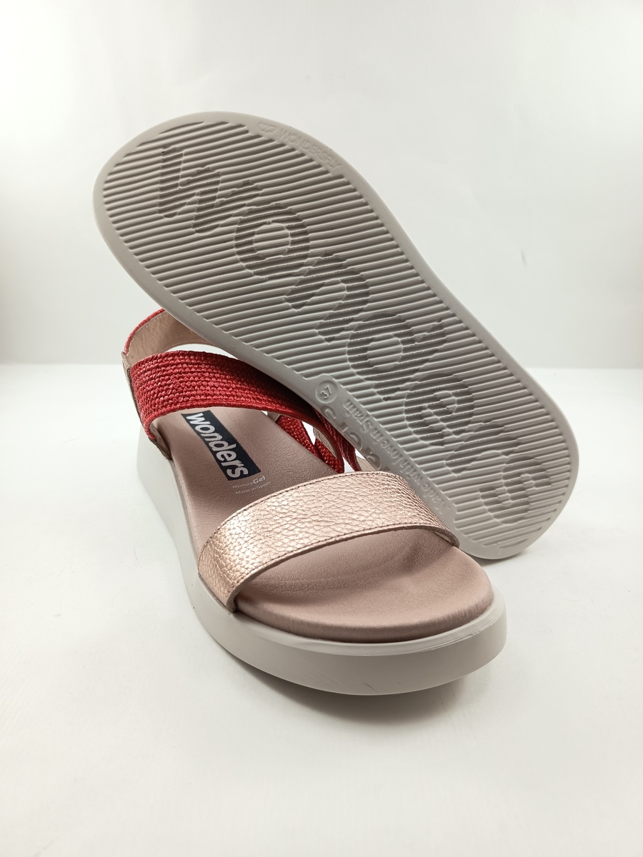 Sandalia de piel plata y roja con cierre de velcro, Wonders mod. 6553 - Imagen 3