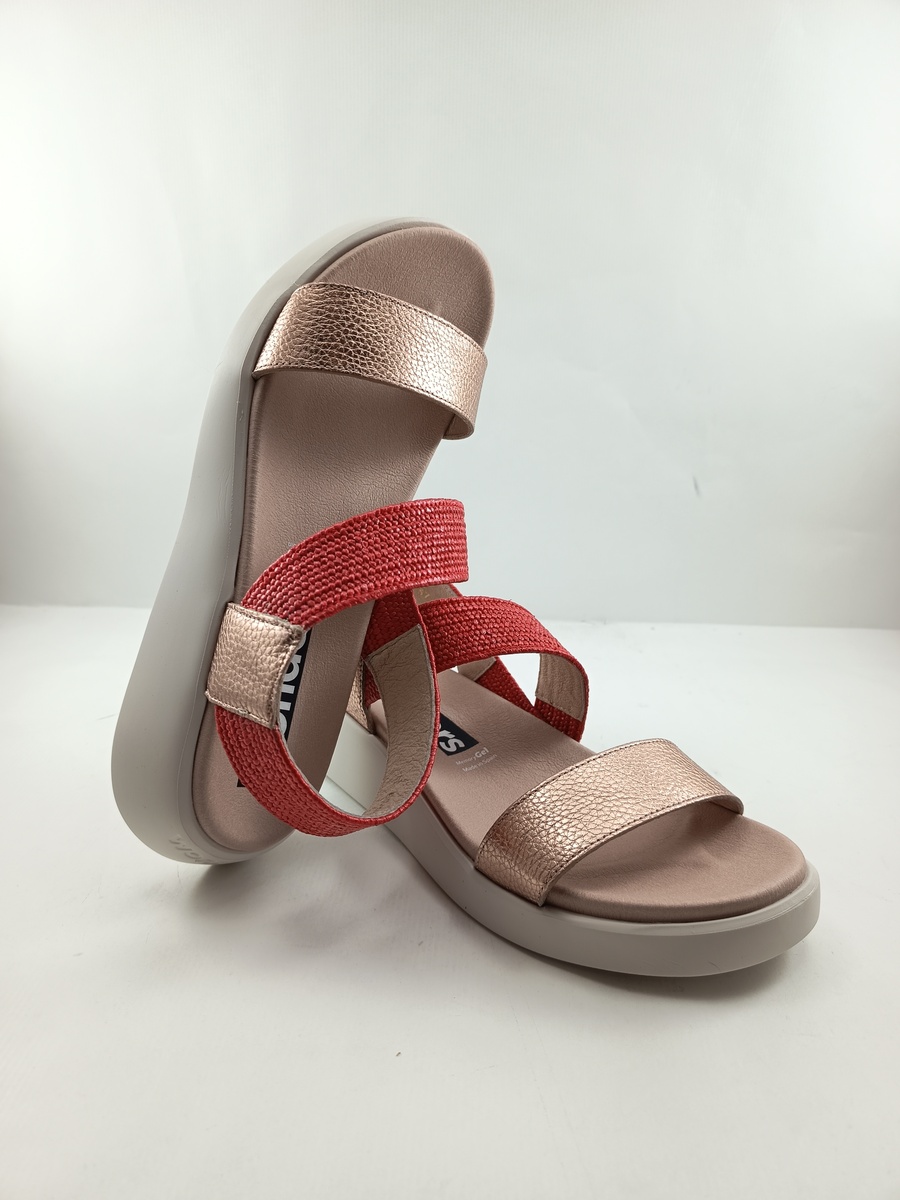 Sandalia de piel plata y roja con cierre de velcro, Wonders mod. 6553 - Imagen 4